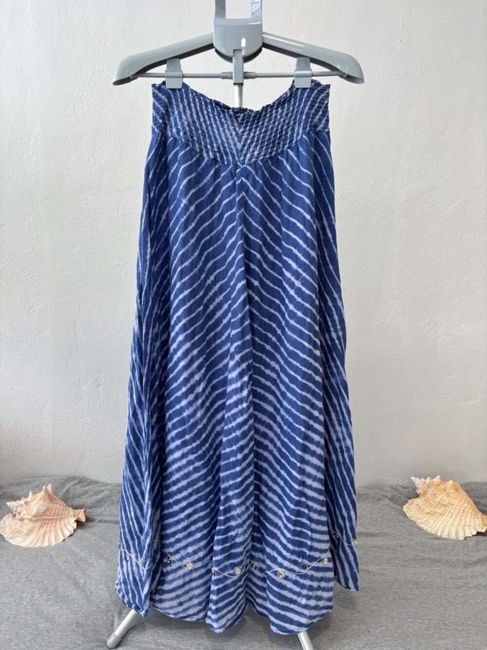 Soft Surroundings Tie Dye Blue Large Mirror Sequin Smocked Waist Maxi Skirt
